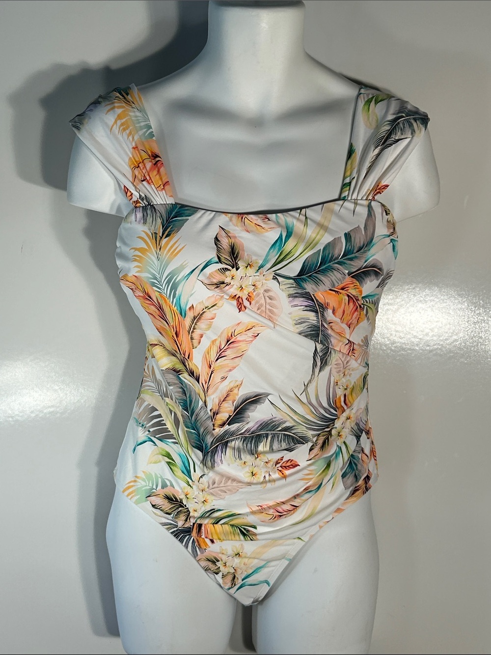 Jantzen White Multicolor Tropical Print Swimsuit 80's Beach Swim Resort Pool